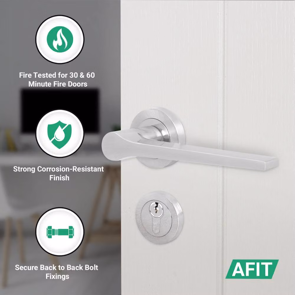 AFIT Satin Nickel Fire Door Handle with Euro Lock, Double Cylinder Locks and Hinges in Silver, W/D/H: 150 x 150 mm – 2