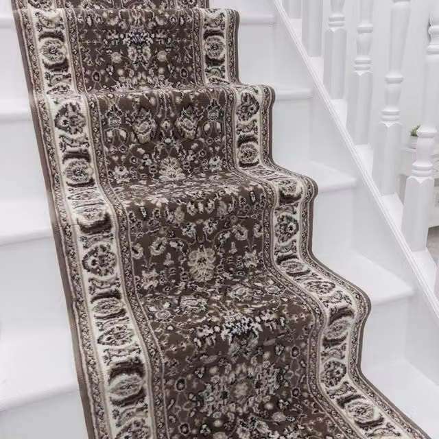runrug Kashan Stair Runner Carpet in Brown, W: 60 cm x L: 600 cm