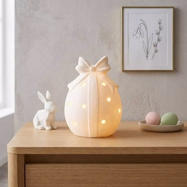 Garden Greatness Springtime LED Bow Oval Egg Ornament in White and Multicolour Ceramic
