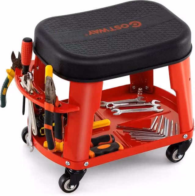Gymax Red Rolling Garage Stool Creeper Seat with Detachable Seat and Tool Holder