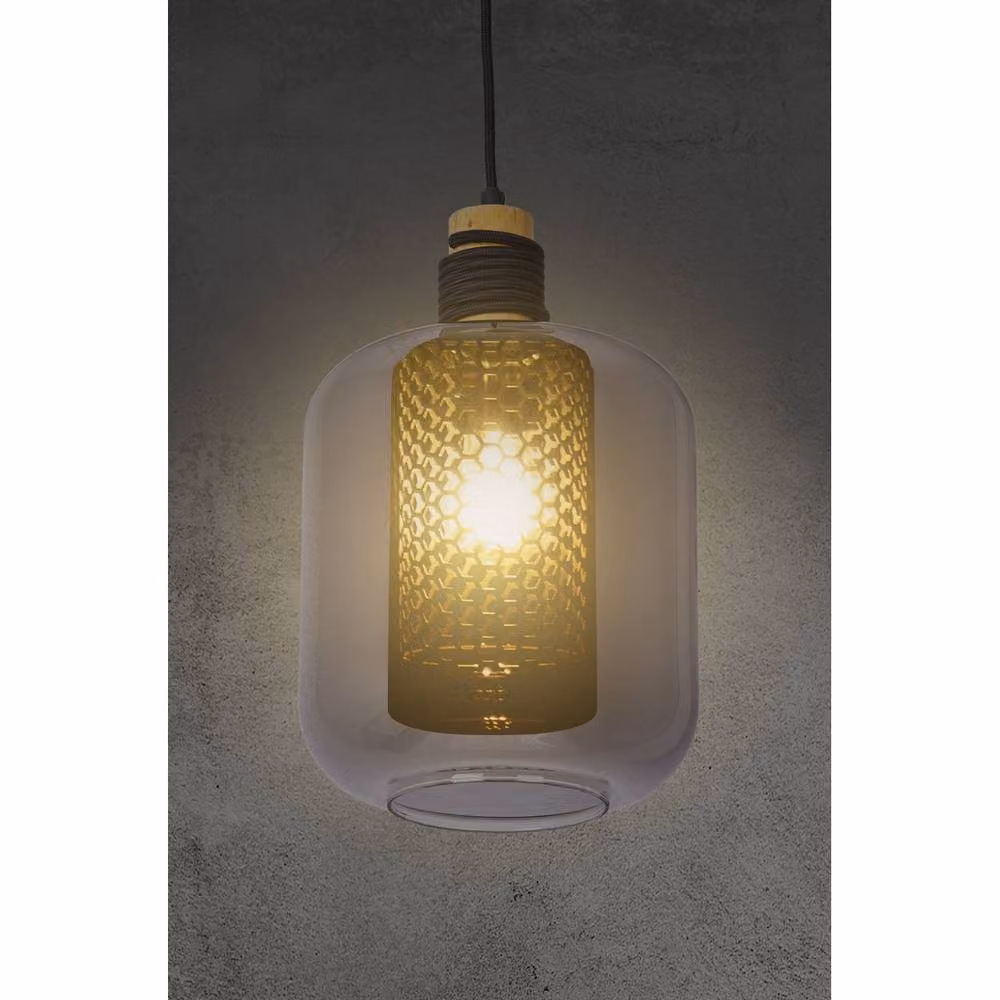 Netlighting Ando Dome Pendant Ceiling Light with Black Smoke Glass Shade and Wood Accents, E27, Height Adjustable – 3