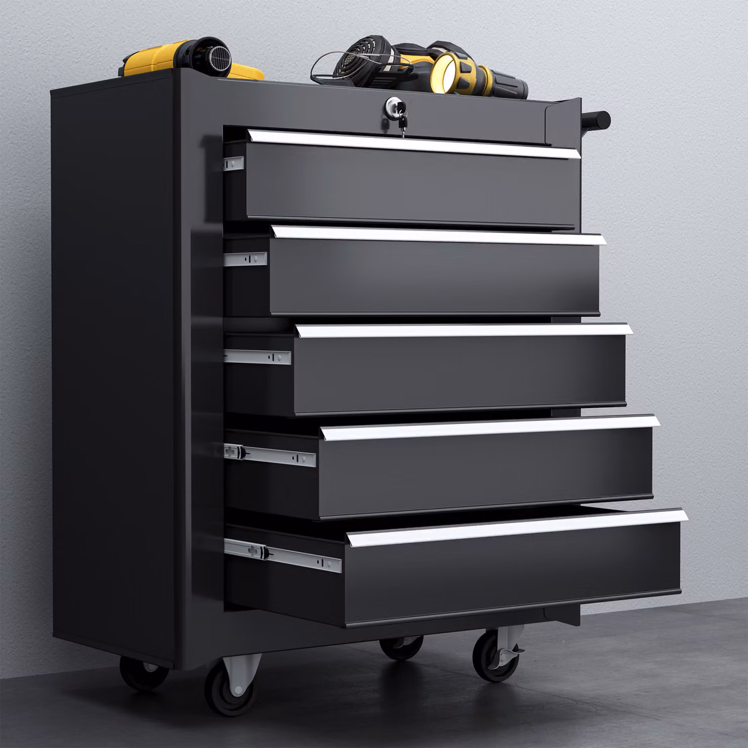 HOMCOM 5-Drawer Rolling Tool Storage Cabinet and Tool Chest in Black Steel – 5