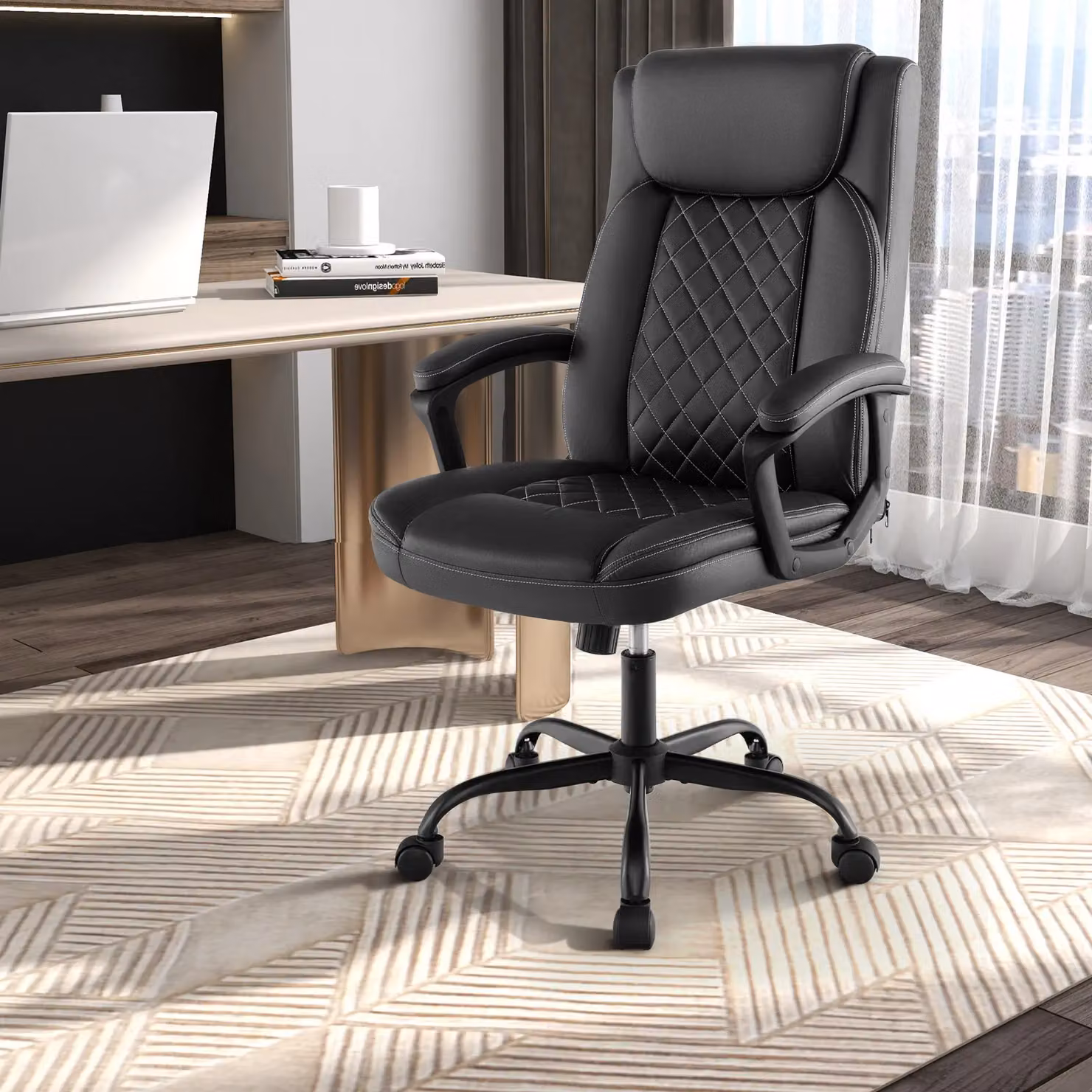 Costway Black Synthetic Leather Swivel Executive Office Chair with Headrest and Armrests – 7