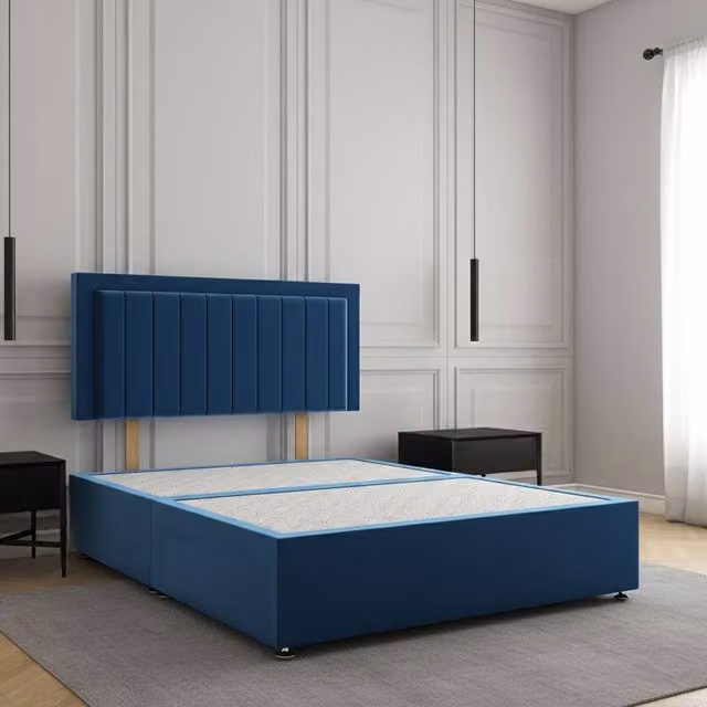 Regional Furnishings Blue Plush Velvet Small Double Divan Bed with 24 inch Headboard, W/D/H: 120 x 200 x 60.96 cm