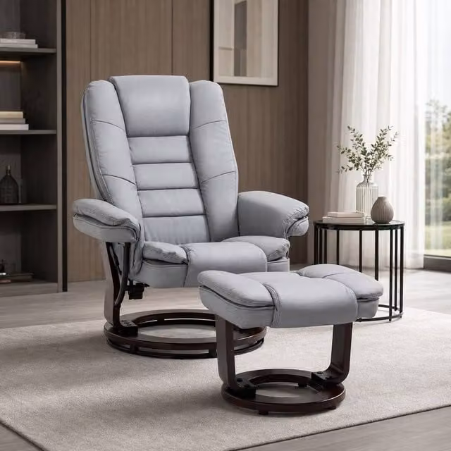 STILVORA Grey PU Leather Recliner Armchair with Matching Footstool