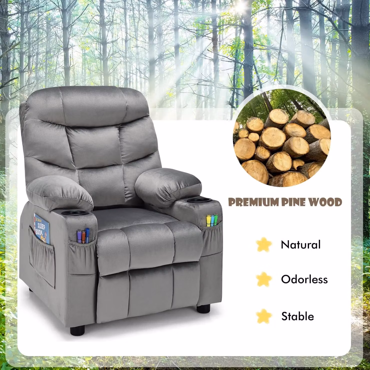 Costway Grey Velvet Fabric Recliner Chair with Adjustable Back and Armrests – 4