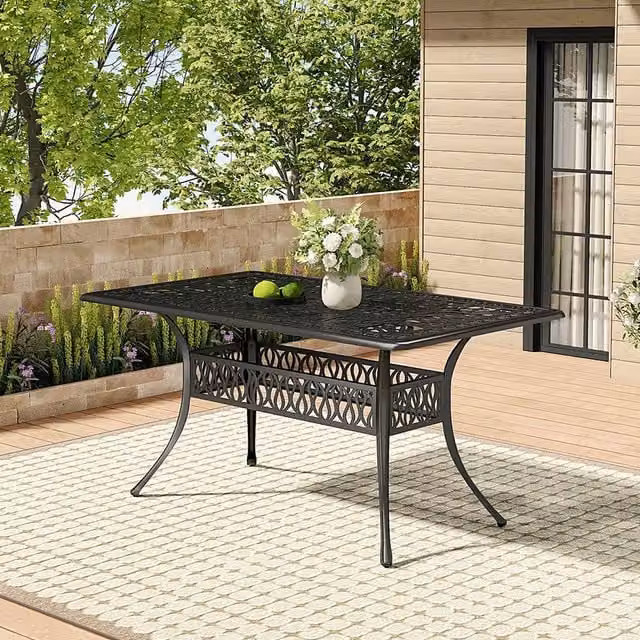 Livingandhome Rectangular Outdoor Dining Table with Hollow Top and Umbrella Hole in Matt Black Metal