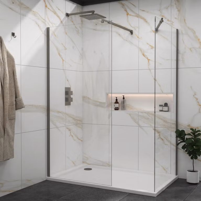 Royal Bathrooms Marbella Walk In Shower Enclosure with Tray, Gun Metal Grey, W/D/H: 120 x 76 x 18.5 cm, 8mm Easy Clean Glass