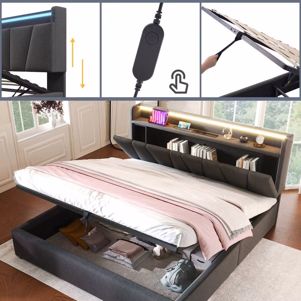 BTM Grey Fabric King Size Bed with USB Charging Port, LED Headboard and Side Storage Compartments, W/D/H: 180 x 200 cm – 3