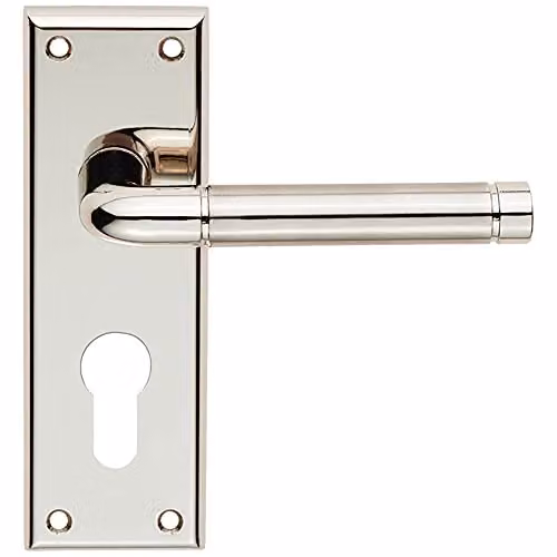 Loops Pair Round Bar Lever on Euro Lock Backplate in Polished and Satin Nickel, W/D/H: 150 x 50 mm