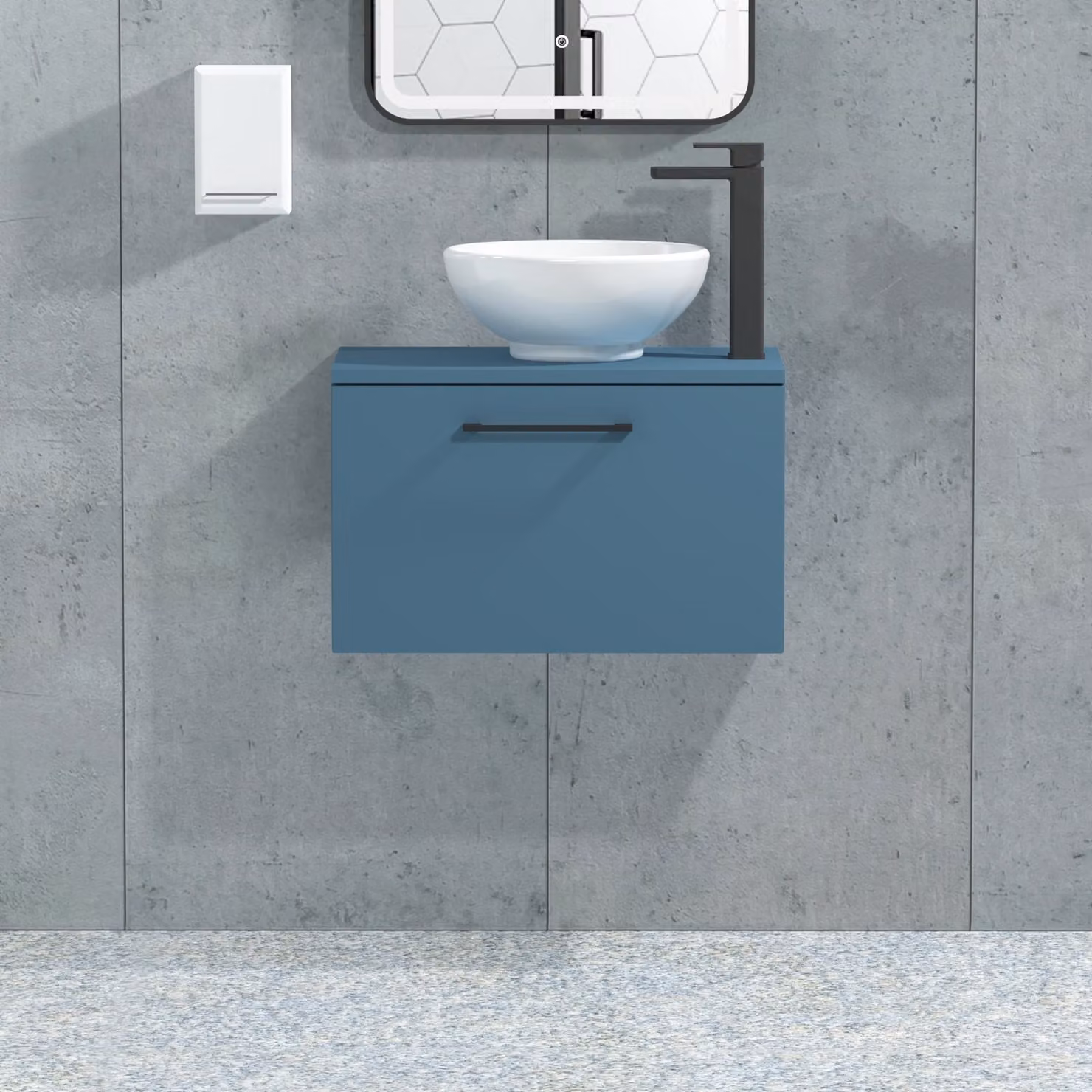 Royal Bathrooms Modena 800mm Wall Hung Vanity Unit with 1 Drawer and Countertop Basin in Satin Blue with Matt Black Handle