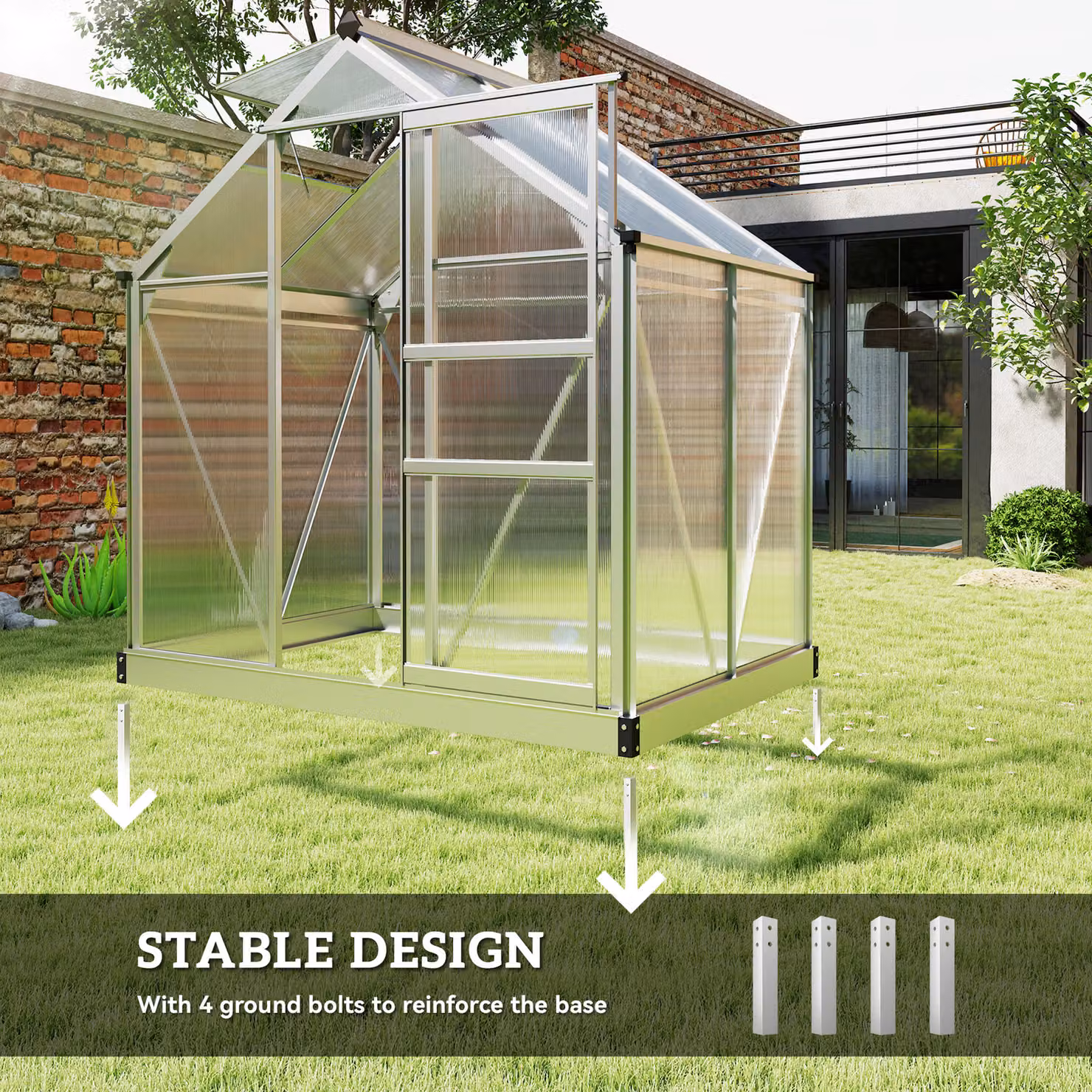 Outsunny Polycarbonate Greenhouse with Aluminium Frame, Sliding Door and Window, Silver Tone, W: 182.88 cm, D: 121.92 cm, H: 201.0 cm – 5