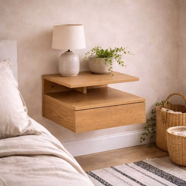 Wyld Haus Lincoln Wall Mounted Floating Bedside Table with 1 Drawer and Open Shelf in Natural Wild Oak Effect – 1