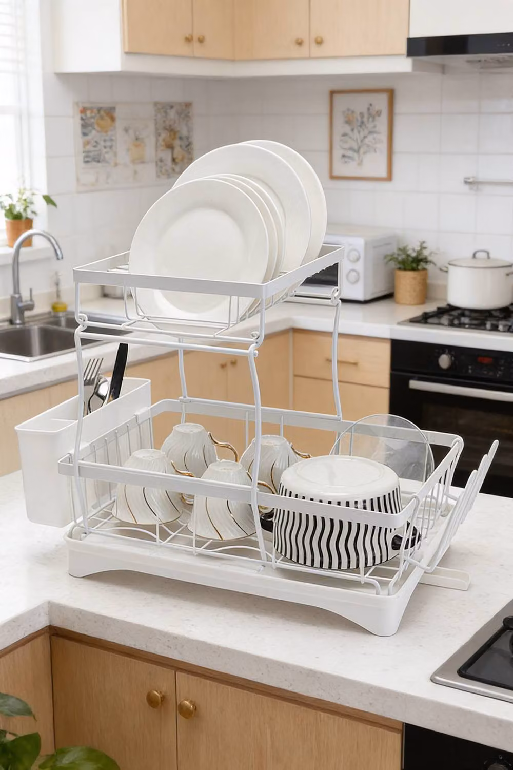 ExtraStar 2-Tier Space-Saving Dish Rack with Detachable Drip Tray and Cutlery Holder in White – 2