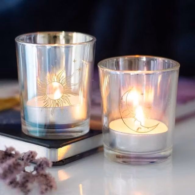 Uniqueful Iridescent Sun and Moon Votive Tealight Candle Holders in Gold and Multicolour Glass – 1