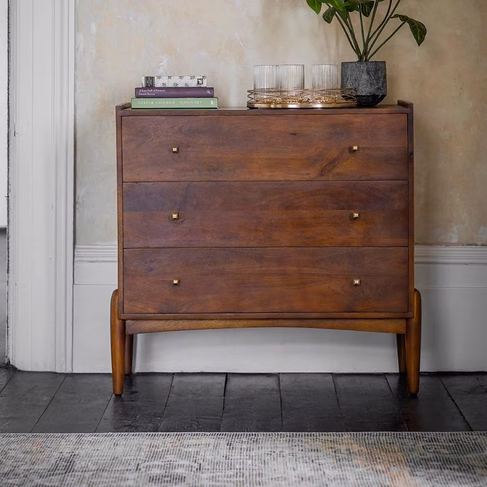 Atkin & Thyme Quinn Mid-Century Mango Wood and Metal Chest of Drawers in Brown