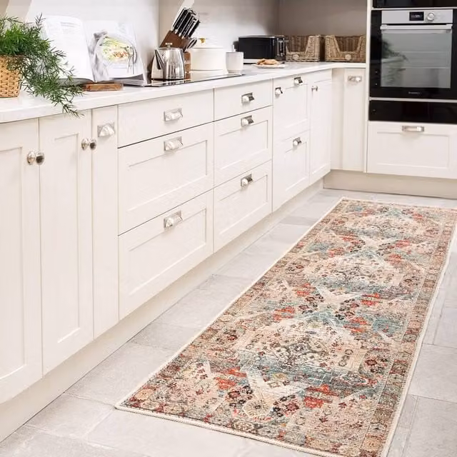 Kukoon Vintage Distressed Machine Washable Runner Rug in Grey, Beige and Multicolour, W: 60 cm, L: 240 cm