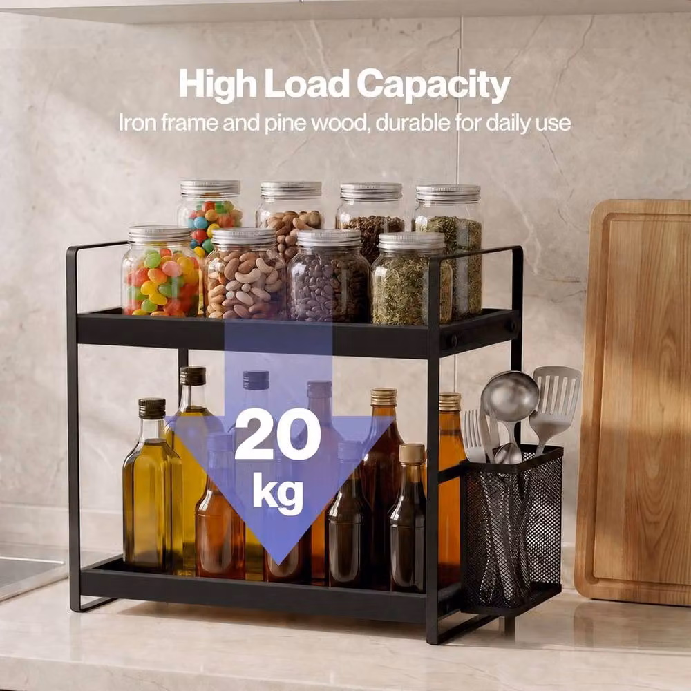 KORVIXA 2 Tier Black Bathroom Countertop Organiser with Pine Wood and Metal Shelving – 3