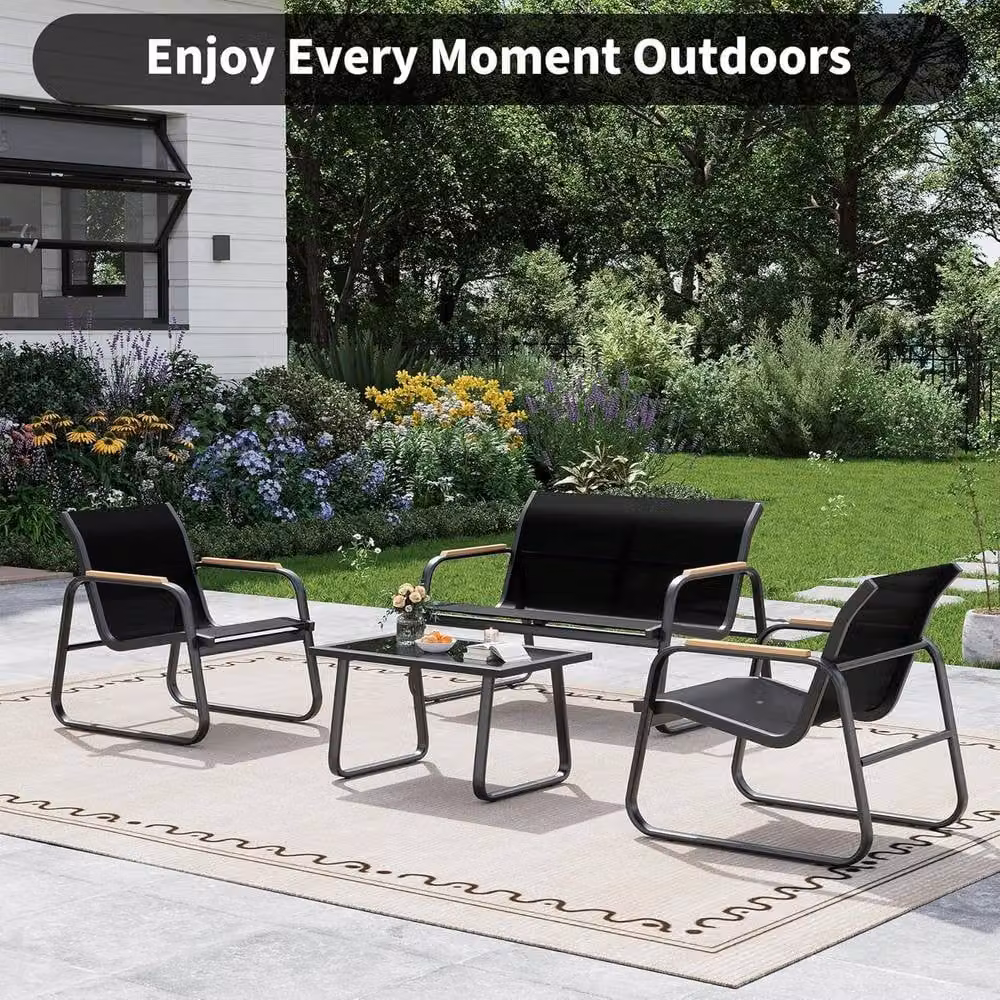 London Boutique 4-Piece Black Garden Furniture Set with Coffee Table, 2 Armchairs and Loveseat – 2