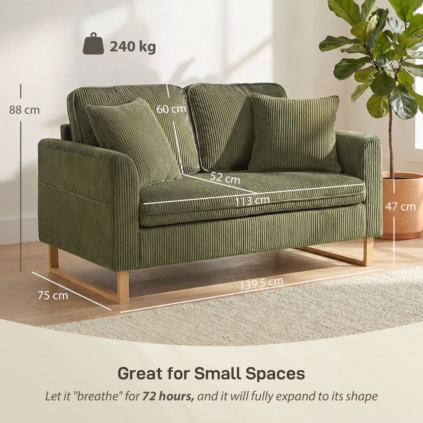 HOMCOM 2 Seater Upholstered Loveseat Sofa in Green with Spring Core Cushions and Scatter Pillows, Width: 140 cm – 3