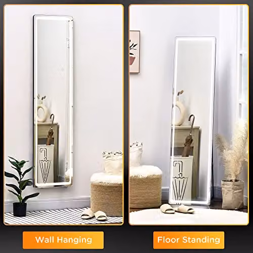 HOMCOM Full-Length Free Standing Floor Mirror with Dimmable LED Light and Touch Switch in Silver, H 160 x W 40 cm – 3