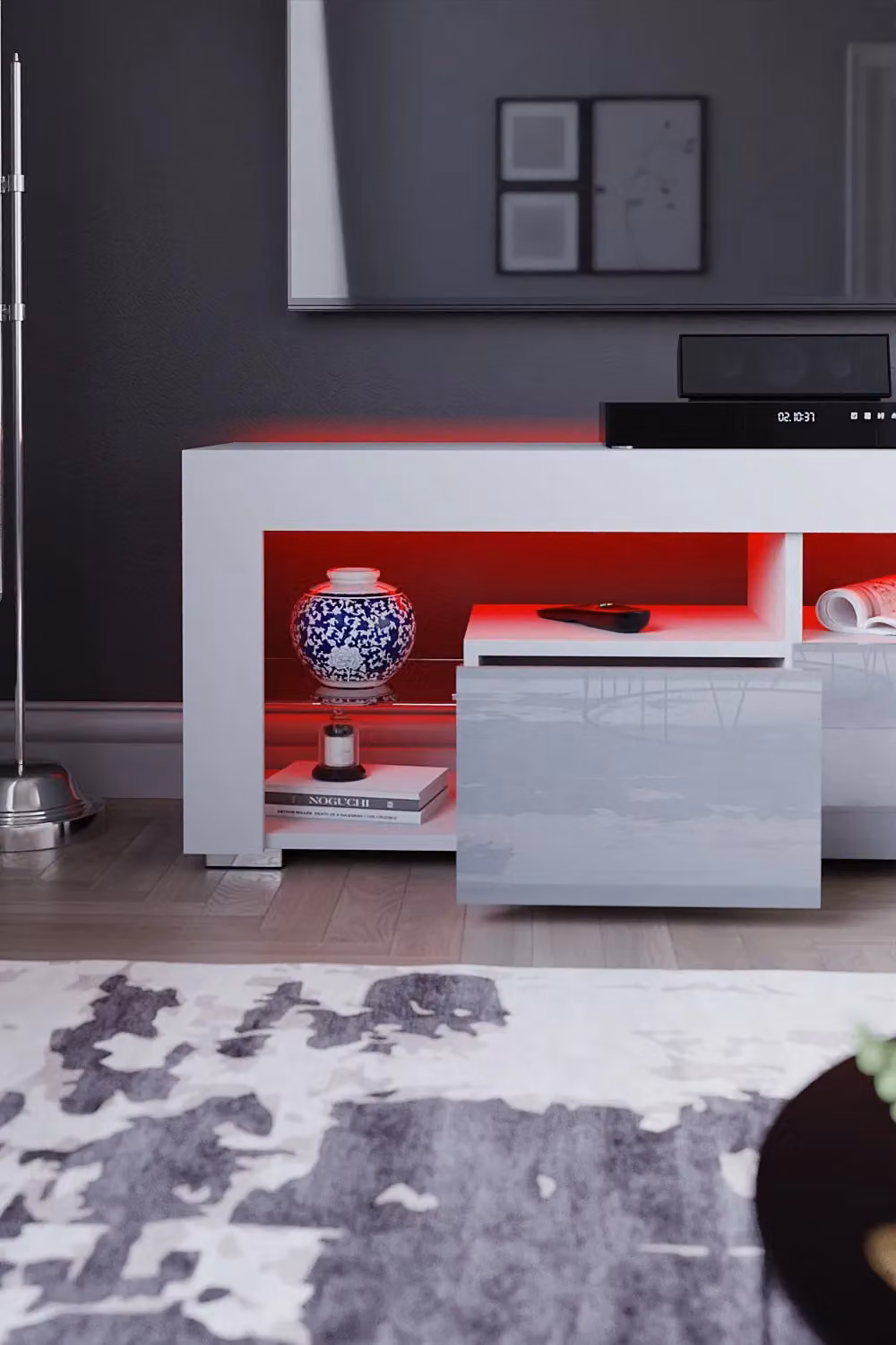 Vida Designs Luna Modern Glossy White and Multicolour 2 Drawer LED TV Unit with Glass Details – 5