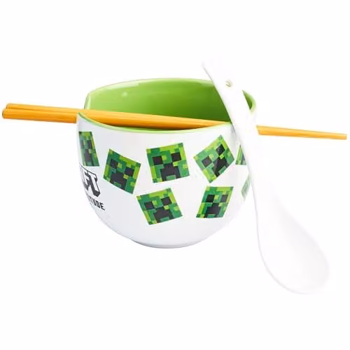 Get Trend Minecraft Ramen Bowl Set, Multicolour Ceramic Japanese Rice Noodles Bowl with Ceramic Spoon and Bamboo Chopsticks, 600ml