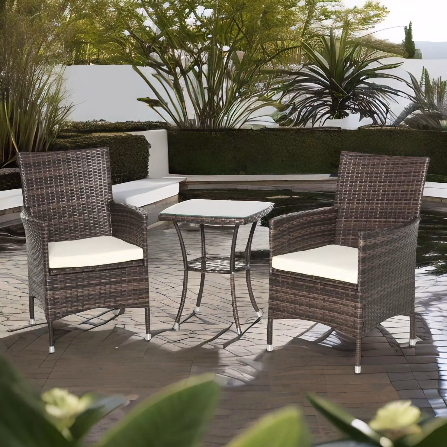 Rafaelo Mobilia Set of 3 Brown Rattan Garden Conversation Furniture Set with UV-Resistant Polyester Cushions and Powder-Coated Steel Frame – 2
