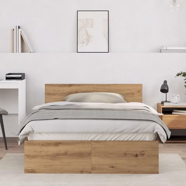 Berkfield Home Artisan Oak Bed Frame with Headboard in Brown, W: 120 cm, L: 190 cm – 1