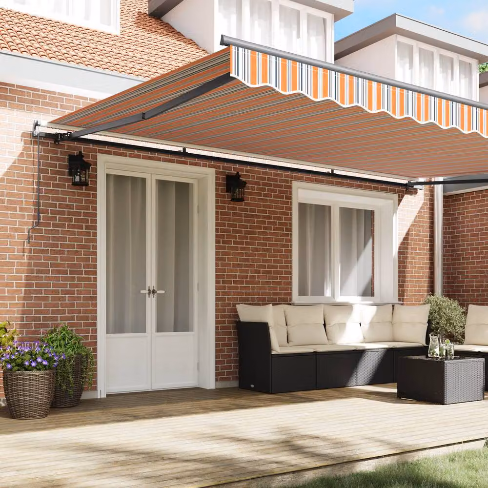 Berkfield Home Manual Retractable Wall-Mounted Awning with Folding Arms, Multicolour and Beige Striped Polyester Fabric, W: 500 cm, D: 300 cm – 2
