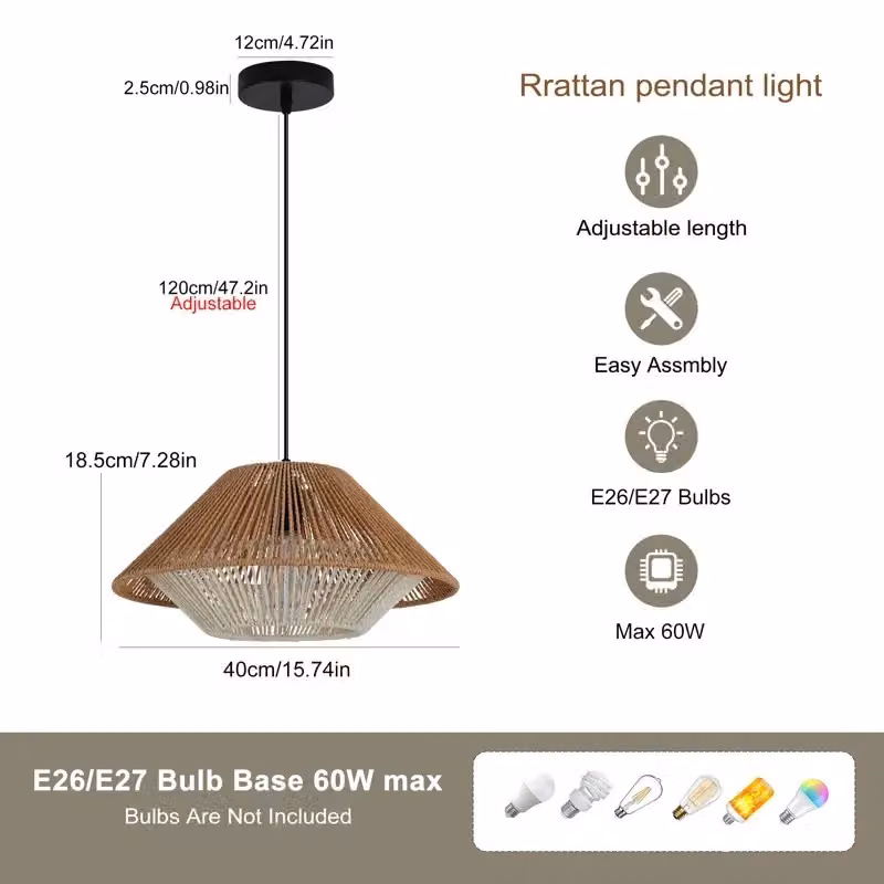 Garwarm Brown Rattan Farmhouse Cone Pendant Light with Adjustable Height and Dimmable Function – 5