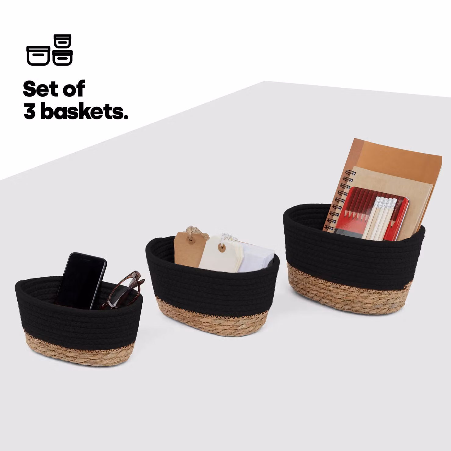 LIVIVO Tulla 3-Piece Stackable Seagrass Storage Basket Set in Black and Grey – 4