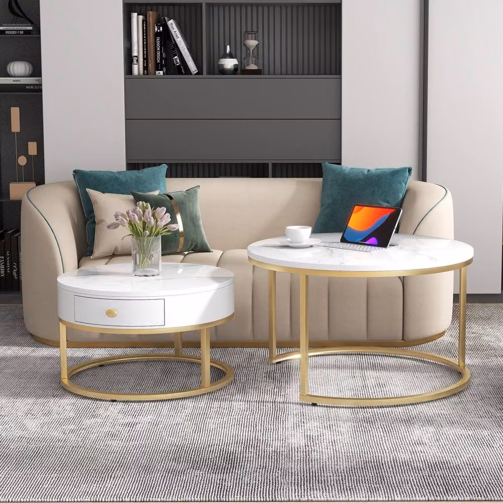 Merax Set of 2 Round Marble Effect Nesting Coffee Tables with Drawer in White and Gold – 7