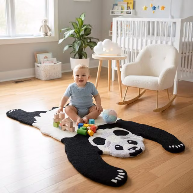 Orsina Kids Panda Hand-Tufted Round Rug in Black and White, Diameter: 100 cm