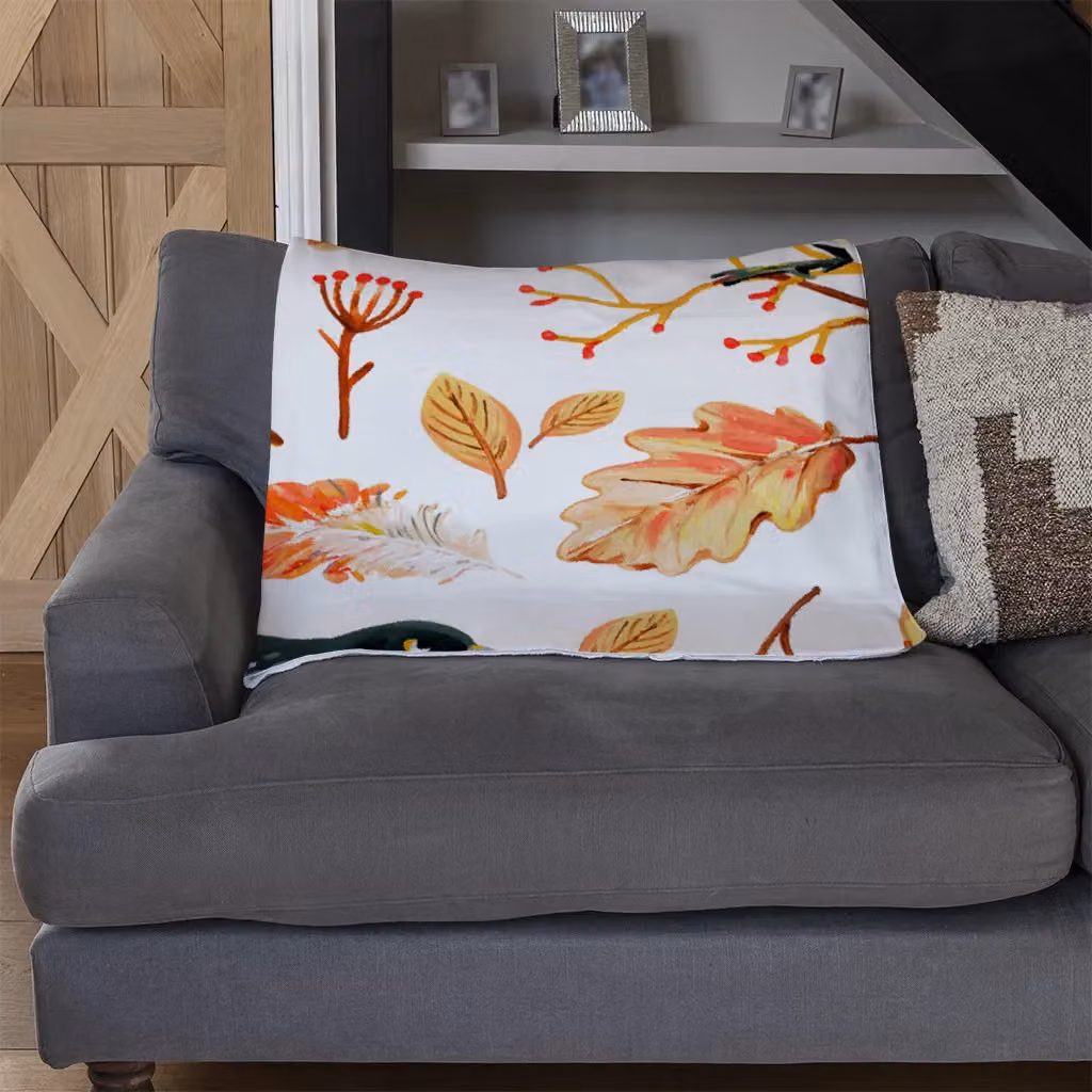 Benjamin Tate Design Birds and Leaves in Autumn Fleece Blanket in Orange and Sand, W/D/H: 120 x 150 cm – 3