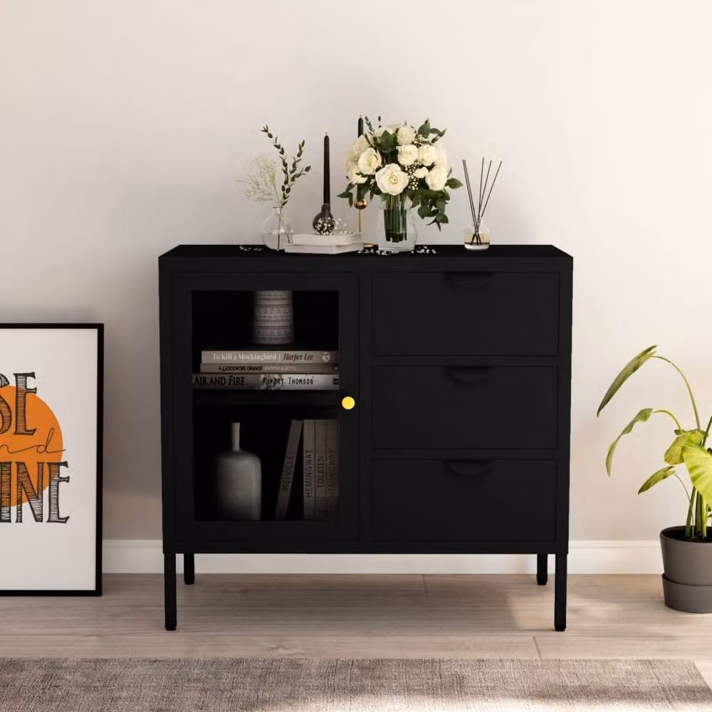 Berkfield Home Black Modern Sideboard in Steel and Tempered Glass, W/D/H: 75 x 35 x 70 cm – 2
