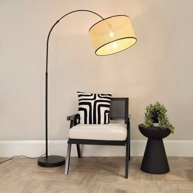 ValueLights Louis Black Arched Floor Lamp with Rattan Drum Shade and LED Bulb