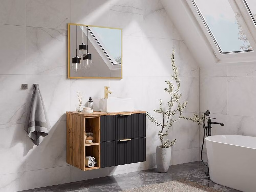 Vente-unique Striped Wall-Hung Vanity Unit with Niches in Black and Light Natural Matt – 2
