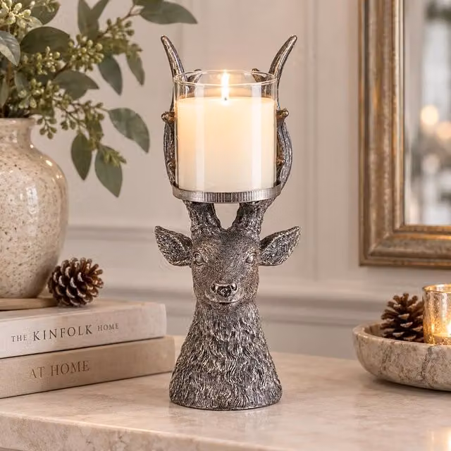 Marco Paul Large Christmas Stag Pillar Candle Holder in Silver