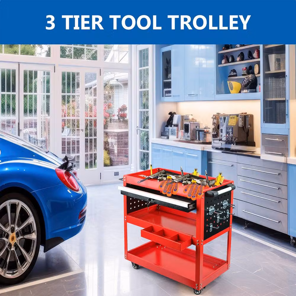 Crystals 3 Tier Workshop Tool Trolley Cabinet with Drawer and Wheels, Red, W: 52 cm, D: 52 cm, H: 75 cm – 4