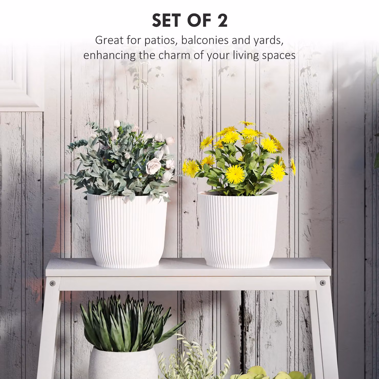 Outsunny Set of 2 White Plastic Round Plant Pots and Garden Planters, 22 cm – 3