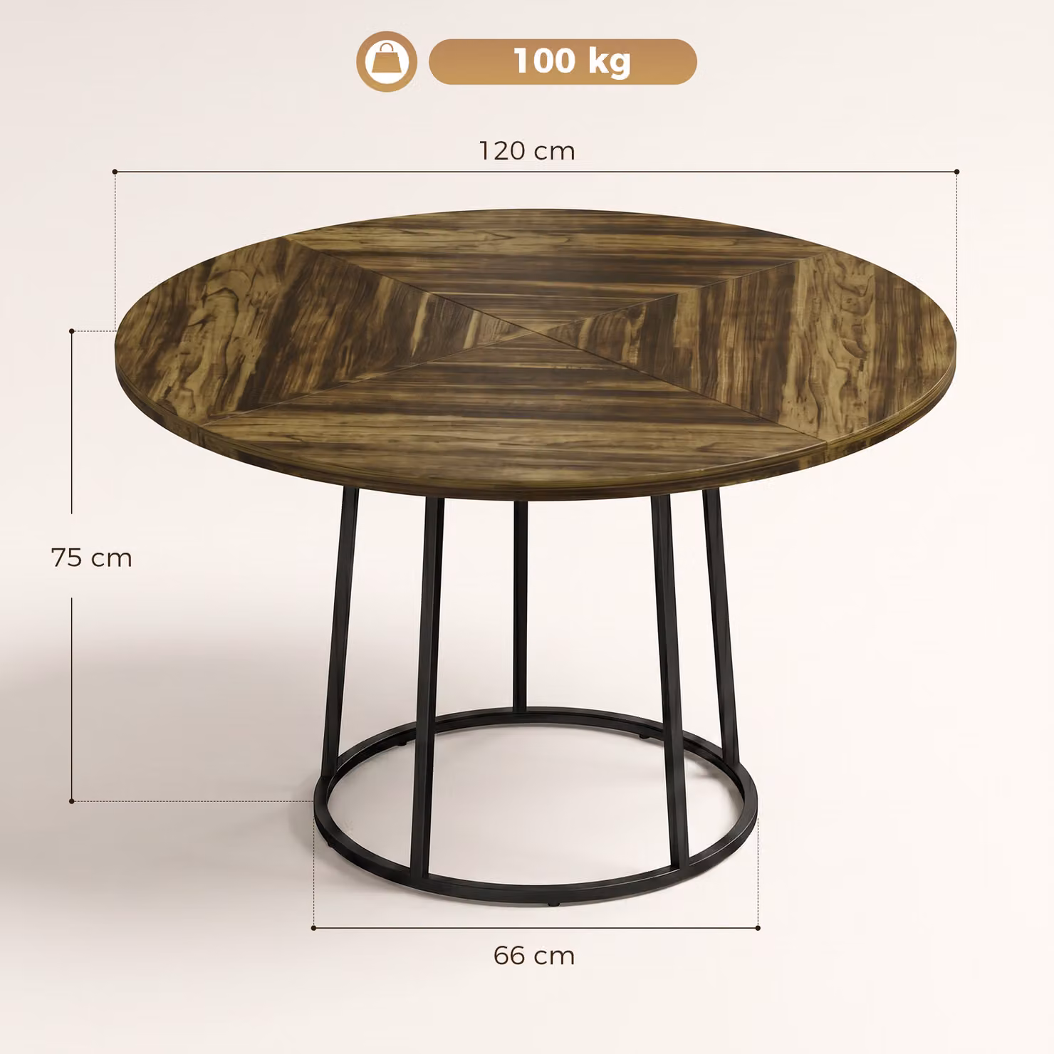 HOMCOM Round Dining Table with Spliced MDF Top and Conical Metal Base, Rustic Brown and Black, Diameter: 120 cm, Height: 75 cm – 3