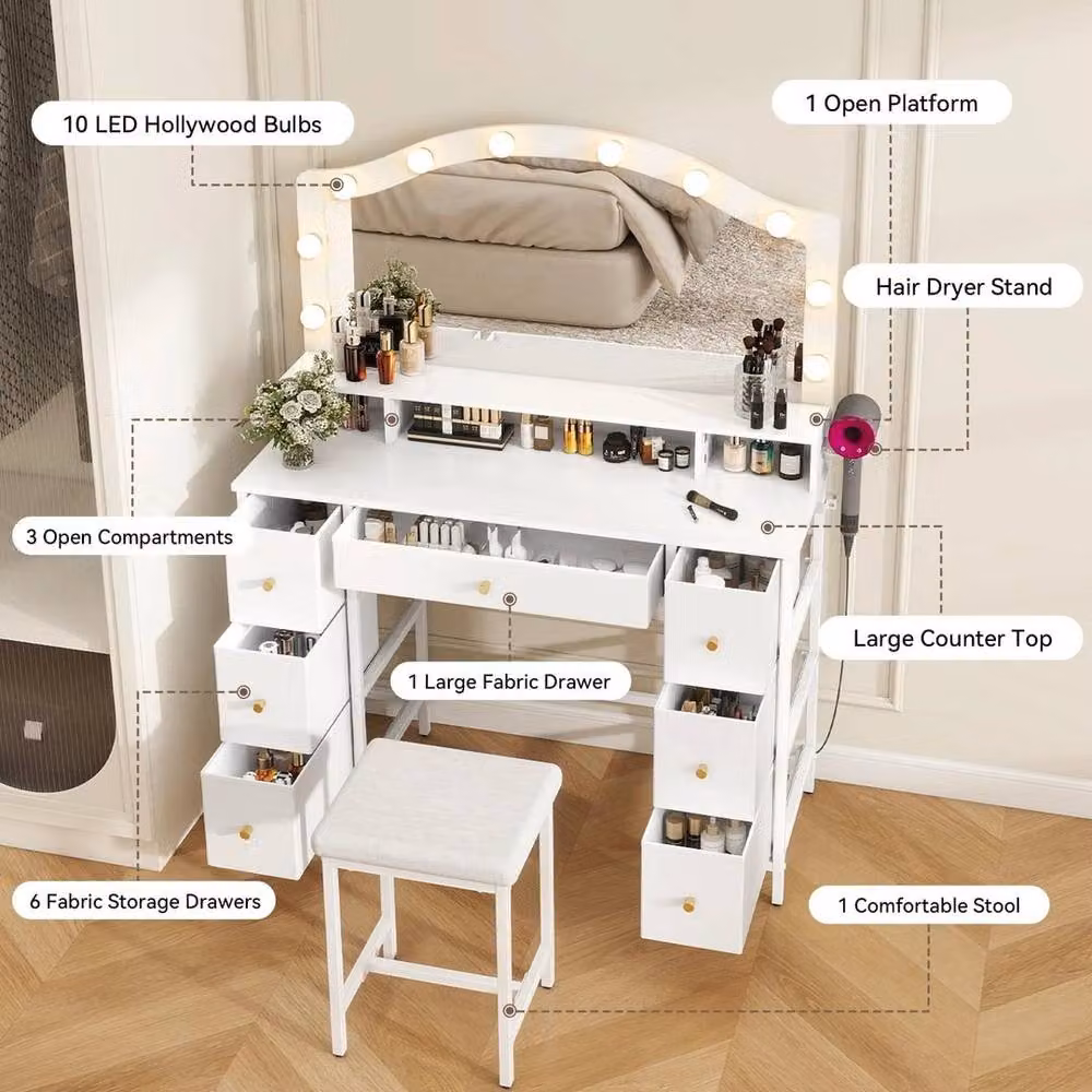 FORGEVIO Modern White Dressing Table with LED Hollywood Mirror and Stool Set – 2