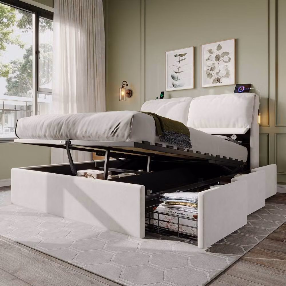 Merax King Ottoman Bed in Beige with Upholstered Fabric, LED Reading Lights, USB Charging Port and Lift-Up Storage Base, W/D/H: 150 x 200 cm – 2