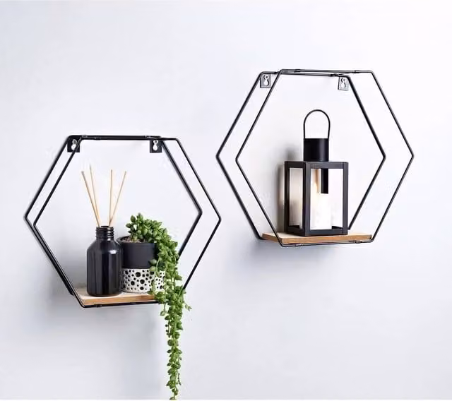 FLAVORA Set of 2 Black Metal Wall-Mounted Floating Shelves with Wire Design, Width: 50 cm – 1