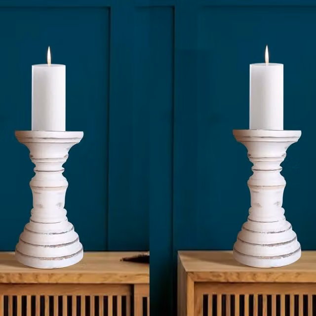 Topfurnishing Set of 2 Rustic Antique Carved Wooden Pillar Candle Holders in White, W/D/H: 12 x 12 x 19 cm