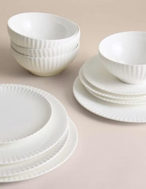 M&S Hampton Fluted 12 Piece Bone China Dinner Set in White