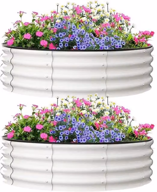 VOGREX 2-Piece Round Galvanised Steel Raised Garden Beds in White, W/D/H: 121.92 x 121.92 x 30.48 cm