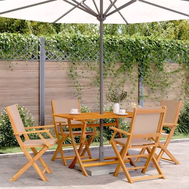 Berkfield Home Set of 4 Folding Garden Chairs in Taupe Fabric and Acacia Wood