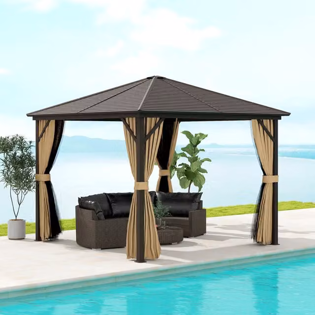 Outsunny Hardtop Gazebo with Netting and Curtains in Brown